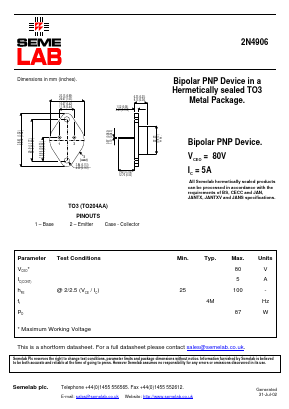 2N4906 Datasheet PDF Semelab - > TT Electronics plc 