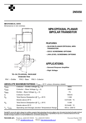 2N5058 Datasheet PDF Semelab - > TT Electronics plc 