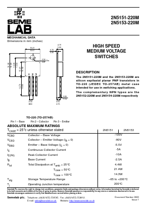 2N5153-220M Datasheet PDF Semelab - > TT Electronics plc 