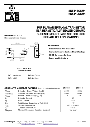 2N5415CSM4 Datasheet PDF Semelab - > TT Electronics plc 