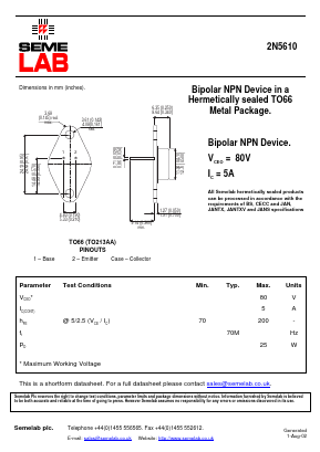 2N5610 Datasheet PDF Semelab - > TT Electronics plc 