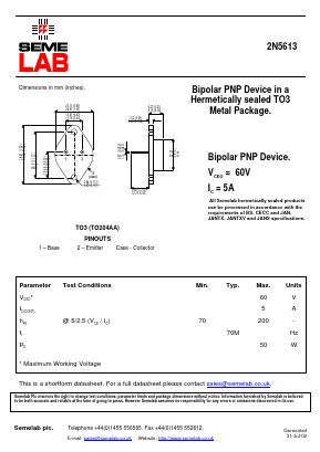 2N5613 Datasheet PDF Semelab - > TT Electronics plc 
