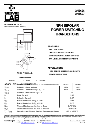 2N5667 Datasheet PDF Semelab - > TT Electronics plc 