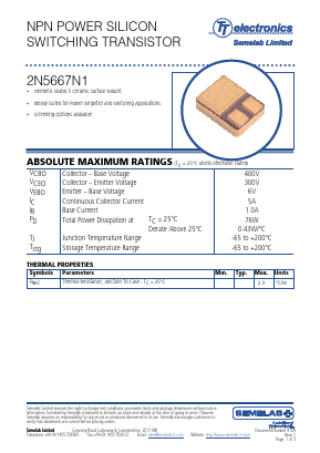 2N5667N1 Datasheet PDF Semelab - > TT Electronics plc 