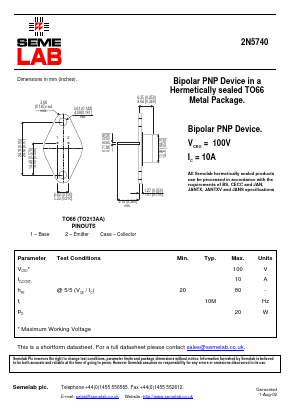 2N5740 Datasheet PDF Semelab - > TT Electronics plc 
