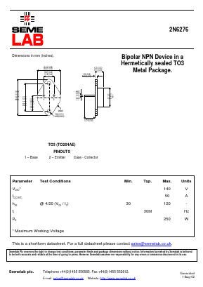 2N6276 Datasheet PDF Semelab - > TT Electronics plc 