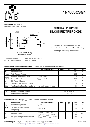 1N4003CSM4 Datasheet PDF Semelab - > TT Electronics plc 