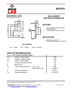 BDY25A Datasheet PDF Semelab - > TT Electronics plc 