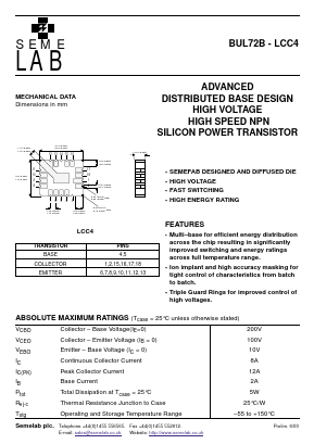 BUL72B-LCC4 Datasheet PDF Semelab - > TT Electronics plc 