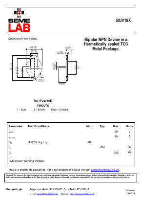 BUV18X Datasheet PDF Semelab - > TT Electronics plc 