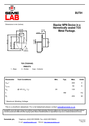 BUT91 Datasheet PDF Semelab - > TT Electronics plc 