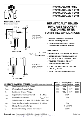 BYV32-100XM Datasheet PDF Semelab - > TT Electronics plc 