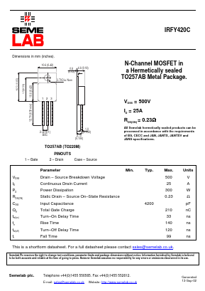 IRFY420C Datasheet PDF Semelab - > TT Electronics plc 