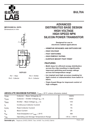 BUL70A Datasheet PDF Semelab - > TT Electronics plc 