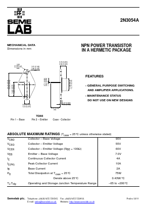 2N3054A Datasheet PDF Semelab - > TT Electronics plc 