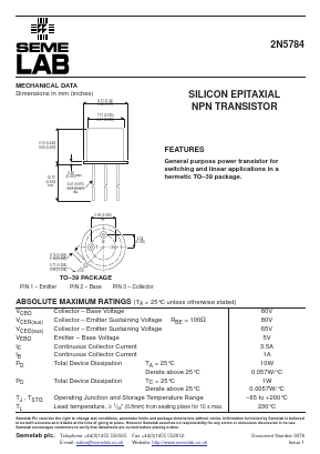 2N5784 Datasheet PDF Semelab - > TT Electronics plc 
