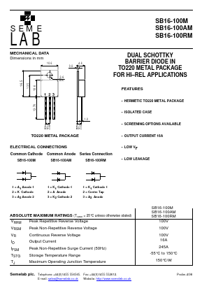 SB16-100RM Datasheet PDF Semelab - > TT Electronics plc 
