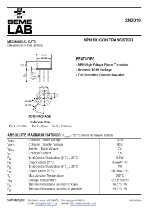 2N3019 Datasheet PDF Semelab - > TT Electronics plc 