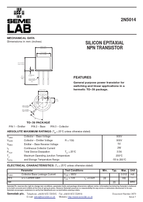 2N5014 Datasheet PDF Semelab - > TT Electronics plc 