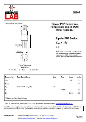 2N995 Datasheet PDF Semelab - > TT Electronics plc 