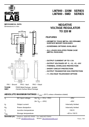 LM7900-220M Datasheet PDF Semelab - > TT Electronics plc 