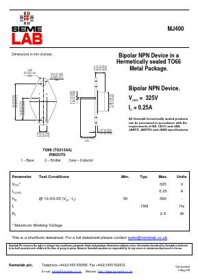 MJ400 Datasheet PDF Semelab - > TT Electronics plc 