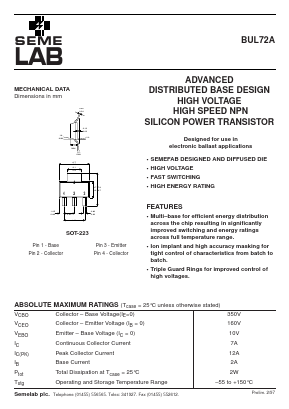 BUL72A Datasheet PDF Semelab - > TT Electronics plc 