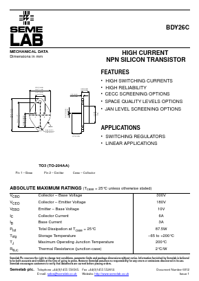 BDY26C Datasheet PDF Semelab - > TT Electronics plc 