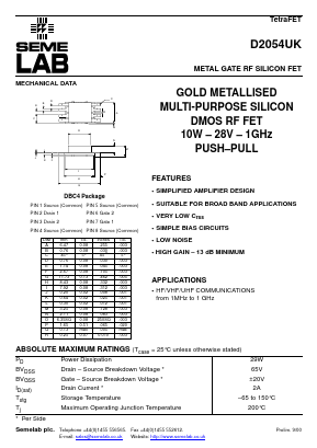 D2054UK Datasheet PDF Semelab - > TT Electronics plc 