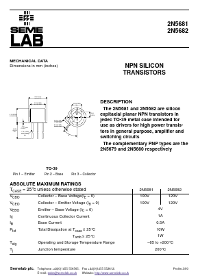 2N5682 Datasheet PDF Semelab - > TT Electronics plc 