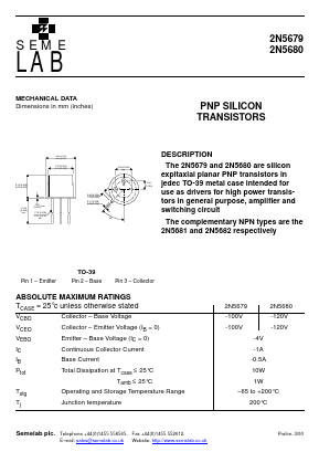 2N5680 Datasheet PDF Semelab - > TT Electronics plc 