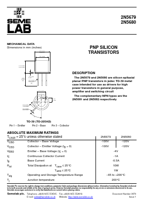 2N5680 Datasheet PDF Semelab - > TT Electronics plc 