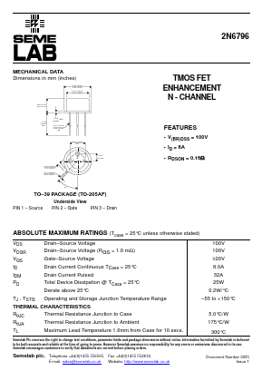 2N6796 Datasheet PDF Semelab - > TT Electronics plc 