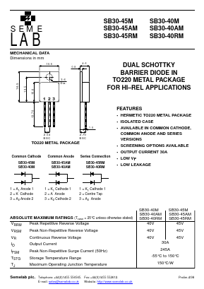 SB30-45M Datasheet PDF Semelab - > TT Electronics plc 