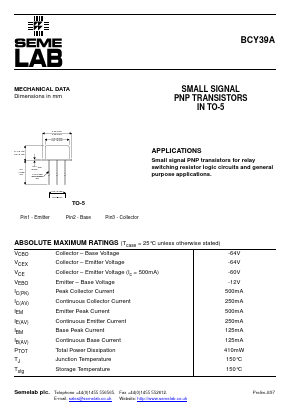 BCY39A Datasheet PDF Semelab - > TT Electronics plc 