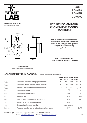 BDX67C Datasheet PDF Semelab - > TT Electronics plc 