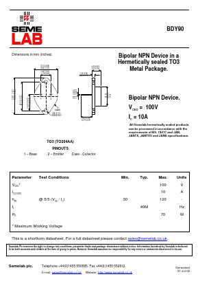 BDY90 Datasheet PDF Semelab - > TT Electronics plc 