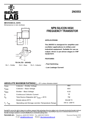 2N3553 Datasheet PDF Semelab - > TT Electronics plc 