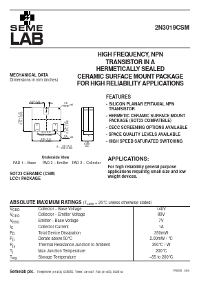 2N3019CSM Datasheet PDF Semelab - > TT Electronics plc 