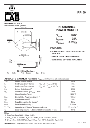 IRF150 Datasheet PDF Semelab - > TT Electronics plc 