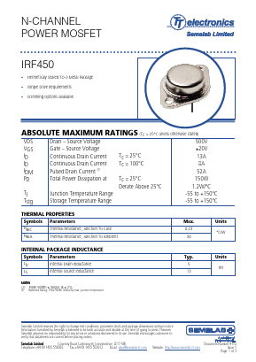 IRF450 Datasheet PDF Semelab - > TT Electronics plc 