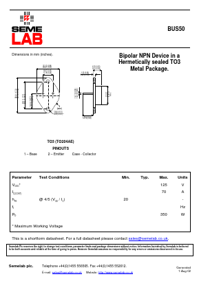 BUS50 Datasheet PDF Semelab - > TT Electronics plc 