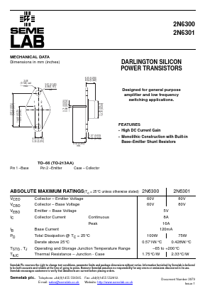 2N6300 Datasheet PDF Semelab - > TT Electronics plc 