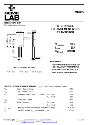 2N7085 Datasheet PDF Semelab - > TT Electronics plc 