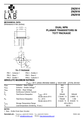 2N2916 Datasheet PDF Semelab - > TT Electronics plc 