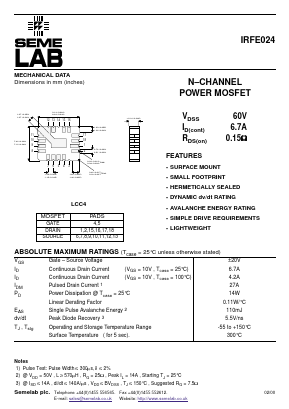 IRFE024 Datasheet PDF Semelab - > TT Electronics plc 