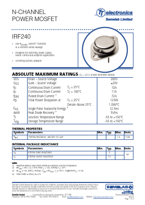 IRF240 Datasheet PDF Semelab - > TT Electronics plc 