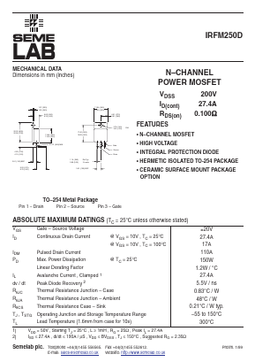 IRFM250D Datasheet PDF Semelab - > TT Electronics plc 
