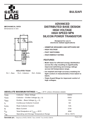 BUL52AFI Datasheet PDF Semelab - > TT Electronics plc 