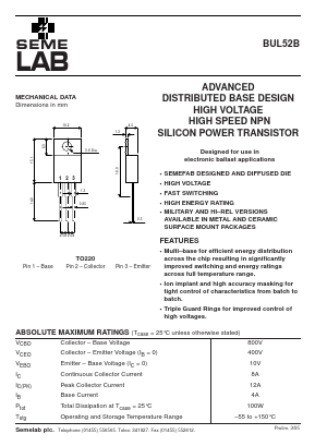 BUL52B Datasheet PDF Semelab - > TT Electronics plc 